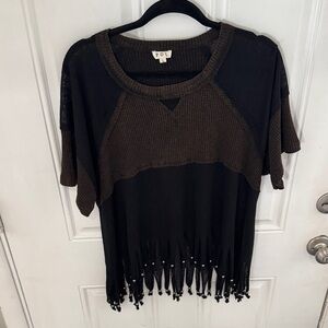 POL Black and Brown Fringe Top